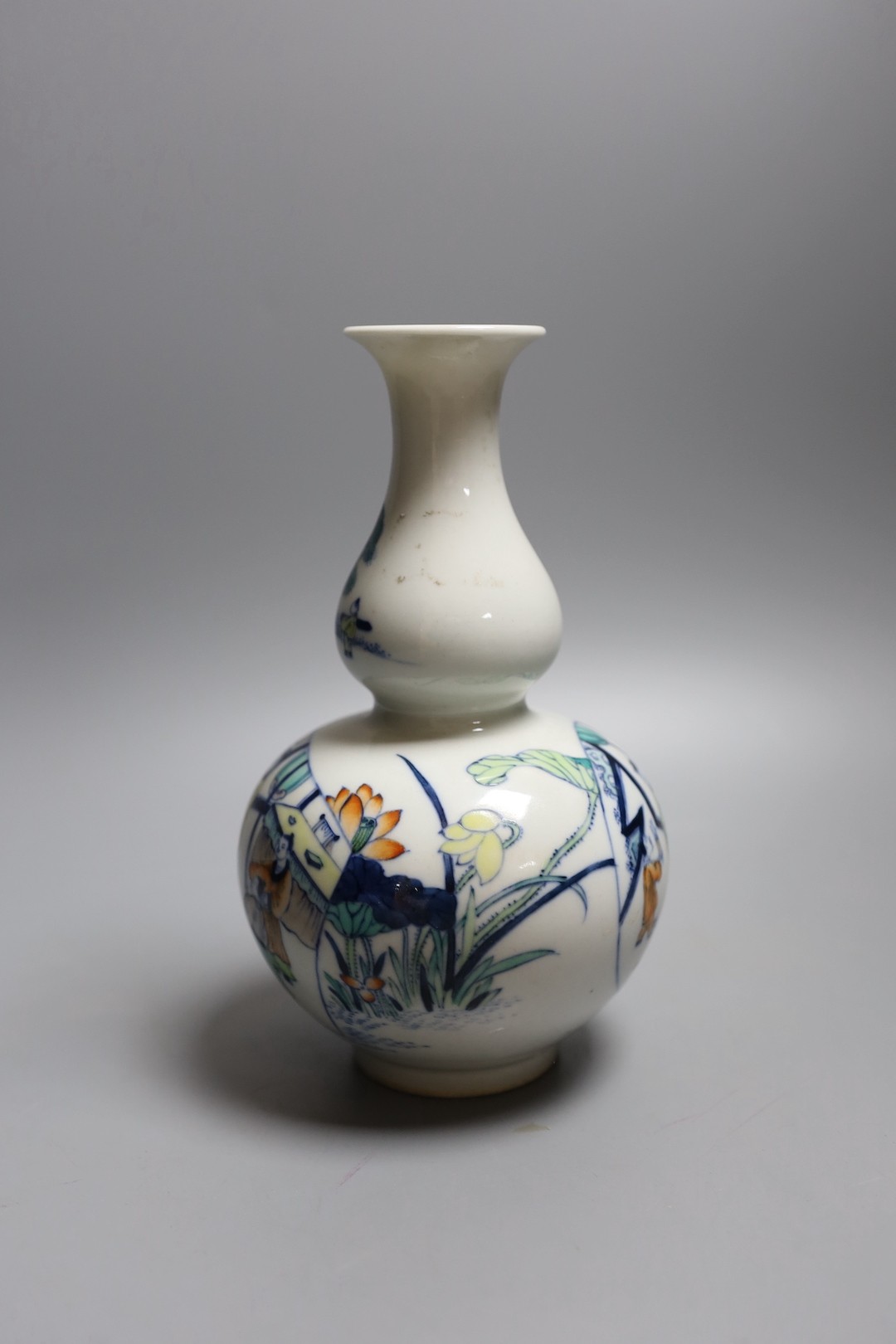 A Chinese doucai double gourd vase, Kangxi mark but later 21cm